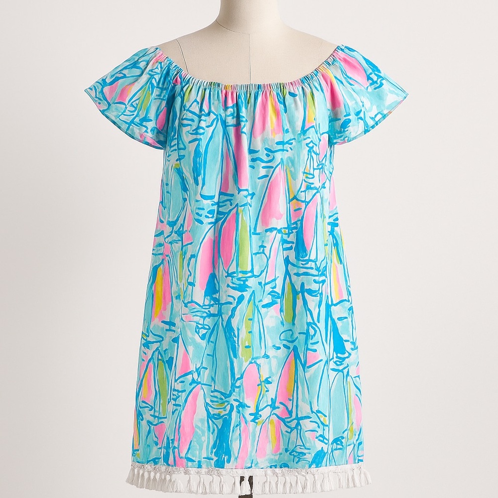 Lilly Pulitzer Off-Shoulder Tassel Hem Dress S – Colorful Sailboat Print